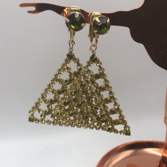 Stunning Sparkling Earrings Vintage Gold Tone Green, Clear - Picture 6 of 10